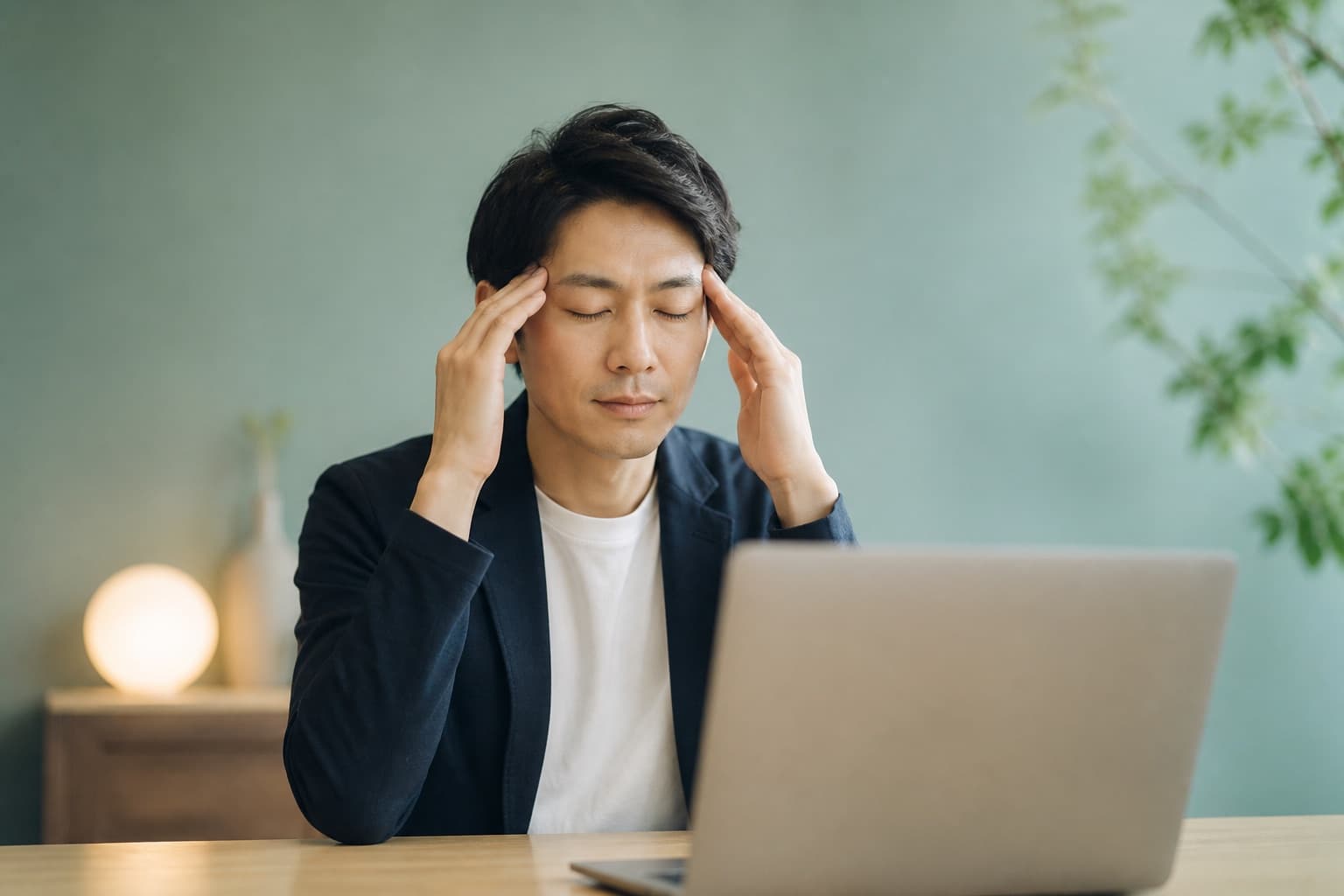 こめかみを押さえて目の疲れを感じる人物